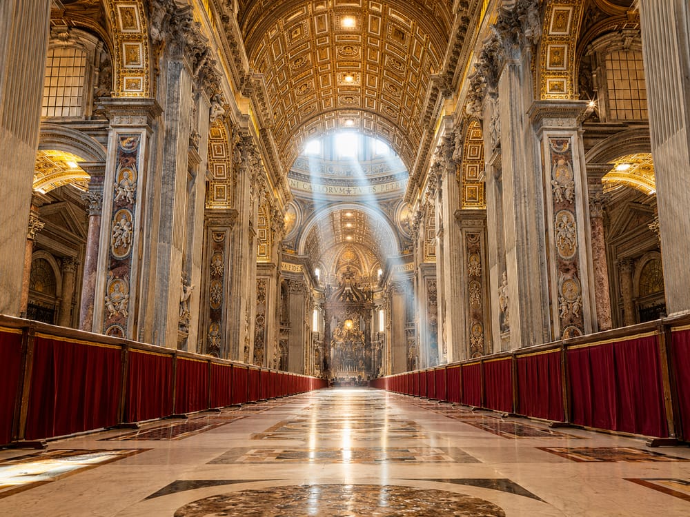 Illustration of the nave of St Peter's Basilica in Rome with light falling from the dome